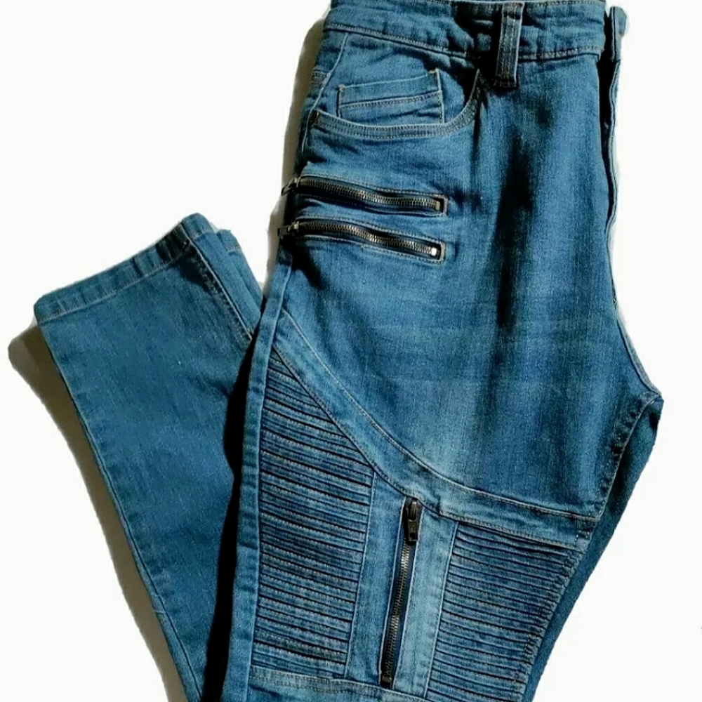 NEW Regal Exchange Moto Jeans! Ribbed Biker, Light Wash, Blue. Denim. Men, 36x30